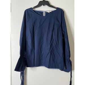Jane and Delancey Navy Blue Bell Sleeve Tie Cuff Blouse Size‎ L